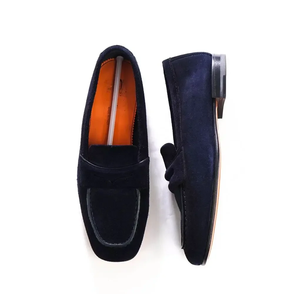 $850 SANTONI - Navy Blue Suede Loafers -  US 7.5 (6.5UK)